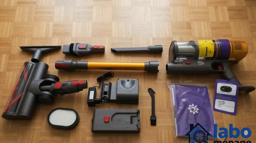 Vue d’ensemble des embouts, filtres et pièces disposés sur le parquet.