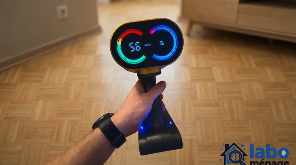 Poignée tenue en main avec le double écran allumé sur fond de parquet.