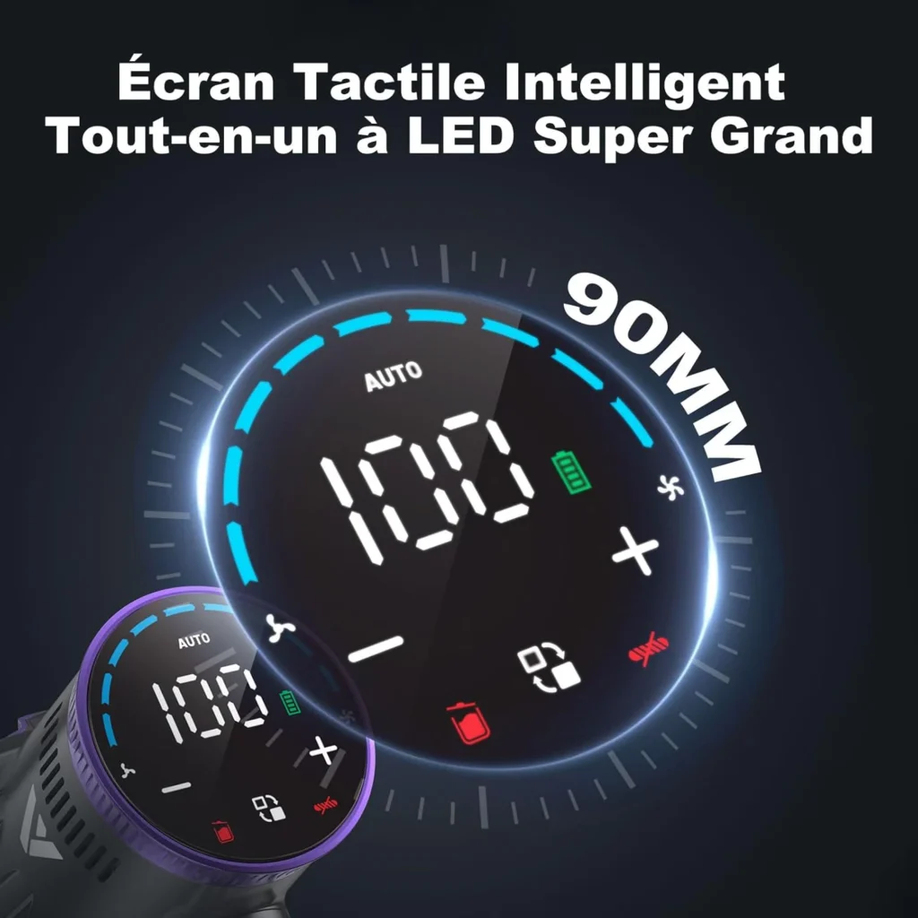 Écran circulaire affichant le niveau de batterie, le mode et les commandes tactiles.