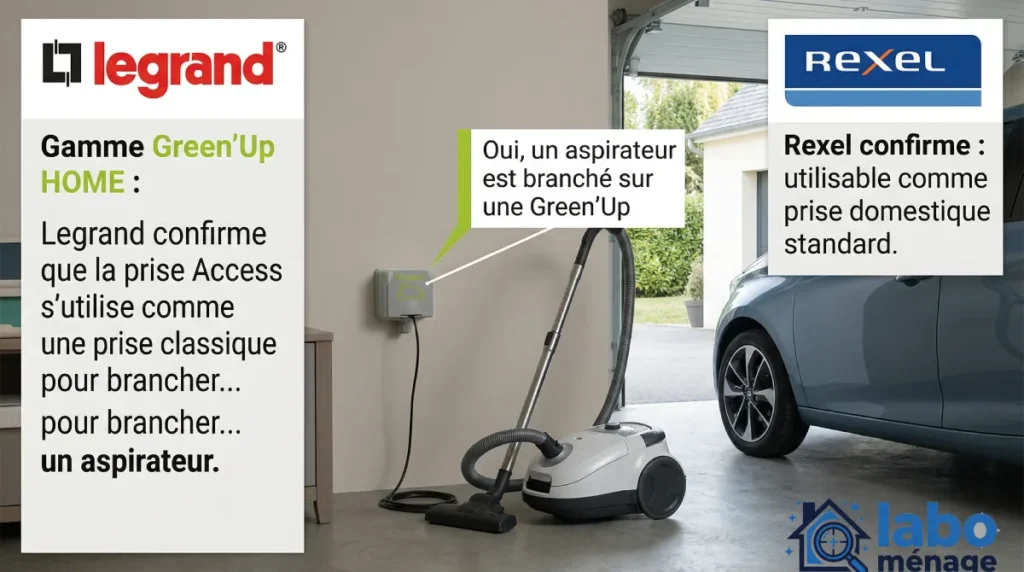 Visuel publicitaire Legrand montrant une prise Green'Up HOME montée sur le mur d'un garage. Un aspirateur à traîneau est branché sur la prise et l'utilisateur s'en sert pour nettoyer le sol