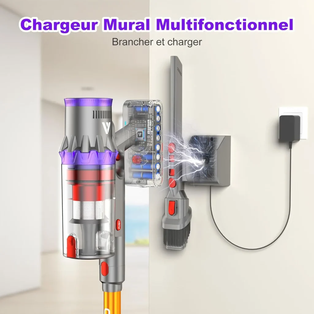 Support mural avec emplacement de charge et accessoires fixés au mur.