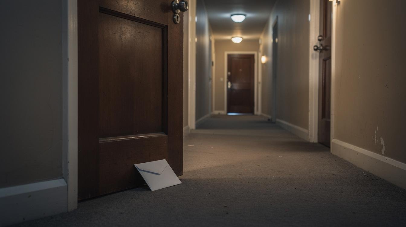 Un couloir d’immeuble en début de soirée, une enveloppe blanche discrètement glissée sous la porte d’un appartement, symbolisant un message de plainte d’un voisin à propos du bruit.