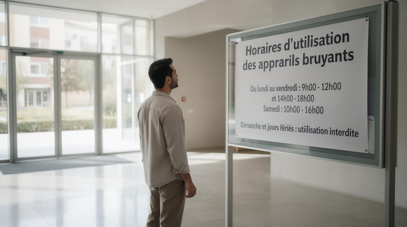 Une affiche accrochée dans le hall d'un immeuble moderne indique les horaires autorisés pour l'utilisation d'appareils bruyants, tandis qu'un résident consulte attentivement le panneau d'affichage.