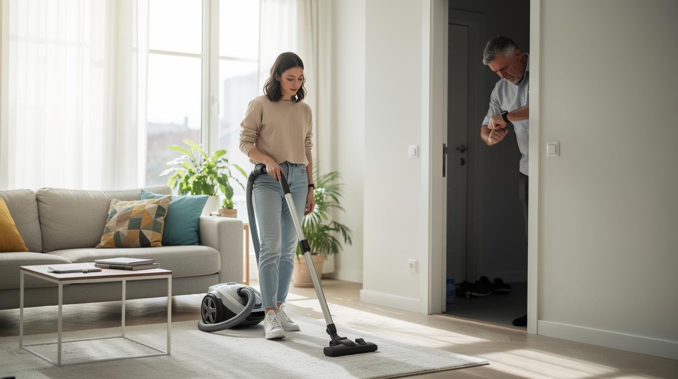 Une jeune femme passe l'aspirateur dans son salon lumineux en journée, tandis qu'à travers la porte, on devine un voisin mécontent qui regarde sa montre d'un air contrarié.