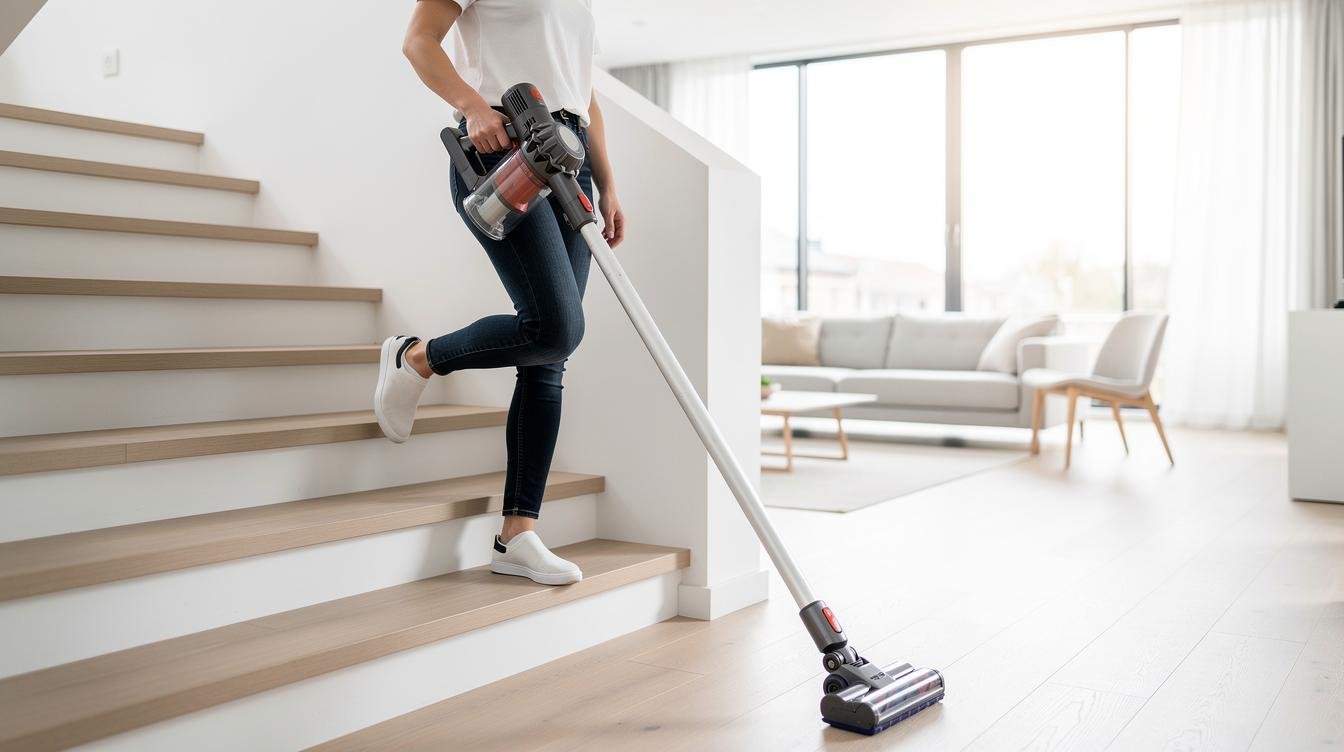 Une personne montant un escalier tout en passant l’aspirateur balai sans fil, sans contrainte de câble, dans une maison moderne et lumineuse.