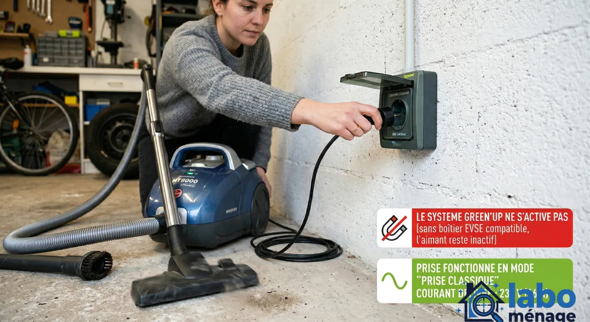 Une femme s'apprête à brancher un aspirateur traîneau bleu dans une prise Green'Up murale dans un garage