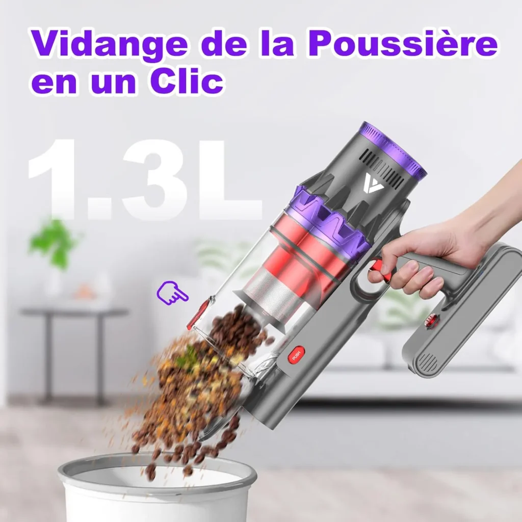 Bac à poussière ouvert avec vidage direct des débris dans une poubelle.