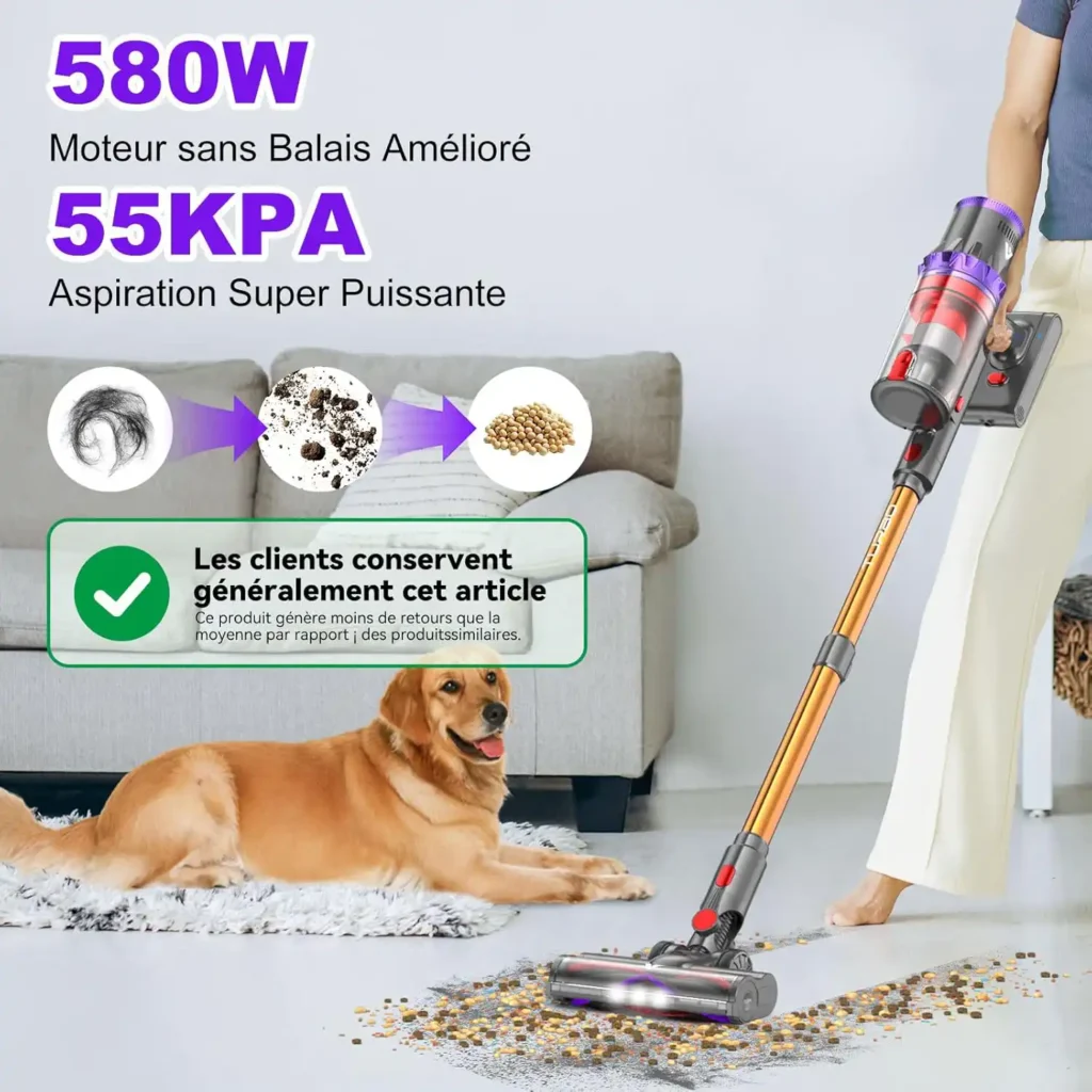 Appareil utilisé sur un sol intérieur près d’un chien, avec mise en avant de la puissance.